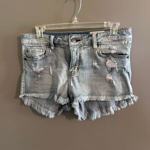 Light Blue Distressed Frayed Hem Denim Shorts - Women